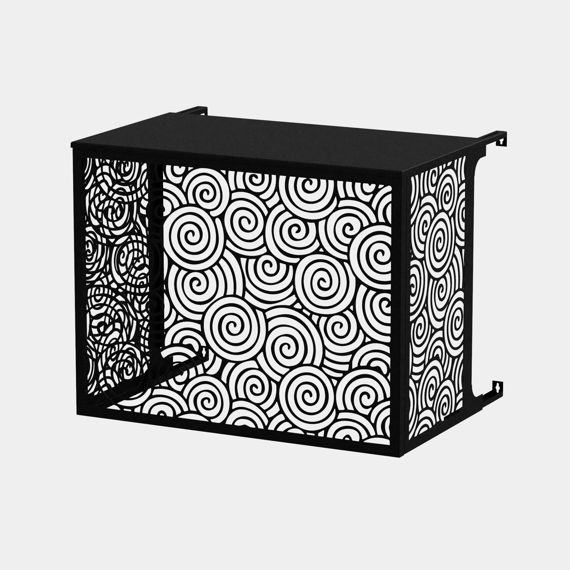 CACHE-CLIM-MUR-TATSUMAKI-N-FACE Cache climatiseur extérieur fixation murale au motif Tatsumaki, finition noir profond.