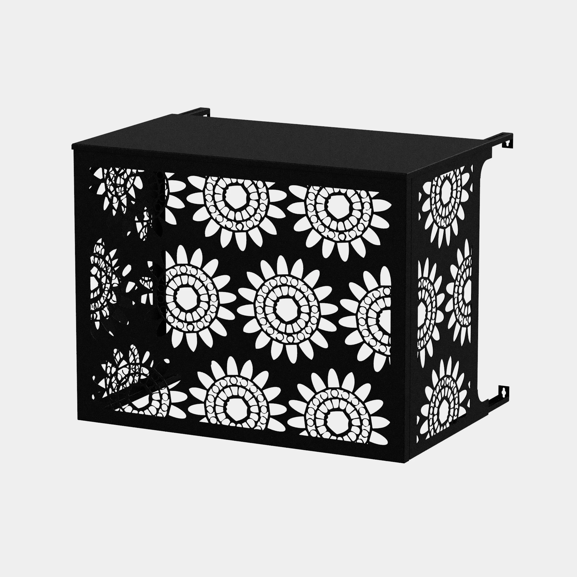 CCLIM-EXT-BLOOM-N-MUR-FRONT (1) Cache climatiseur extérieur fixation murale au motif Bloom, finition noir profond.