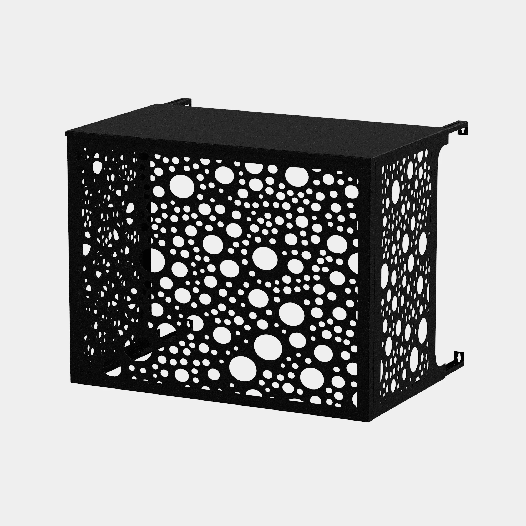 CCLIM-EXT-BULLES-N-MUR-FRONT Cache climatiseur extérieur fixation murale au motif Bulle, finition noir profond.