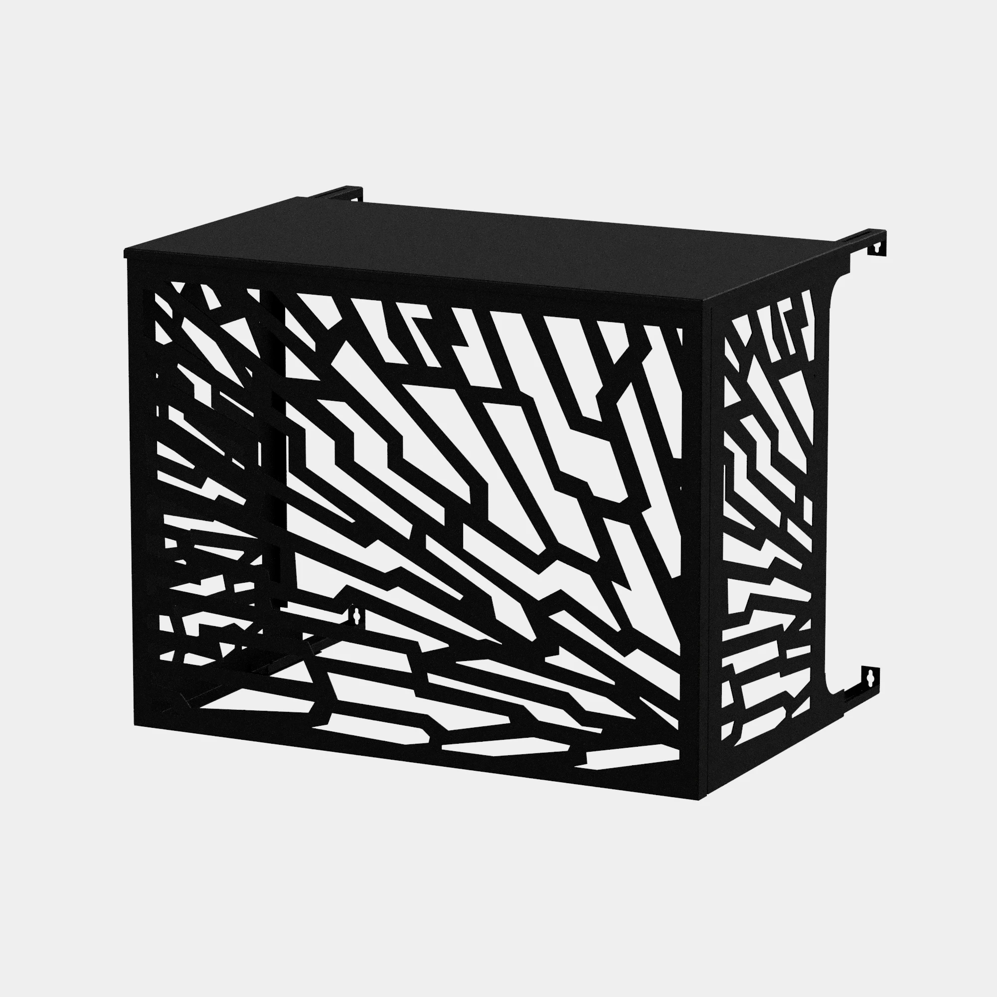 CCLIM-EXT-ECORCE-N-MUR-FRONT Cache climatiseur extérieur fixation murale au motif Écorce, finition noir profond.