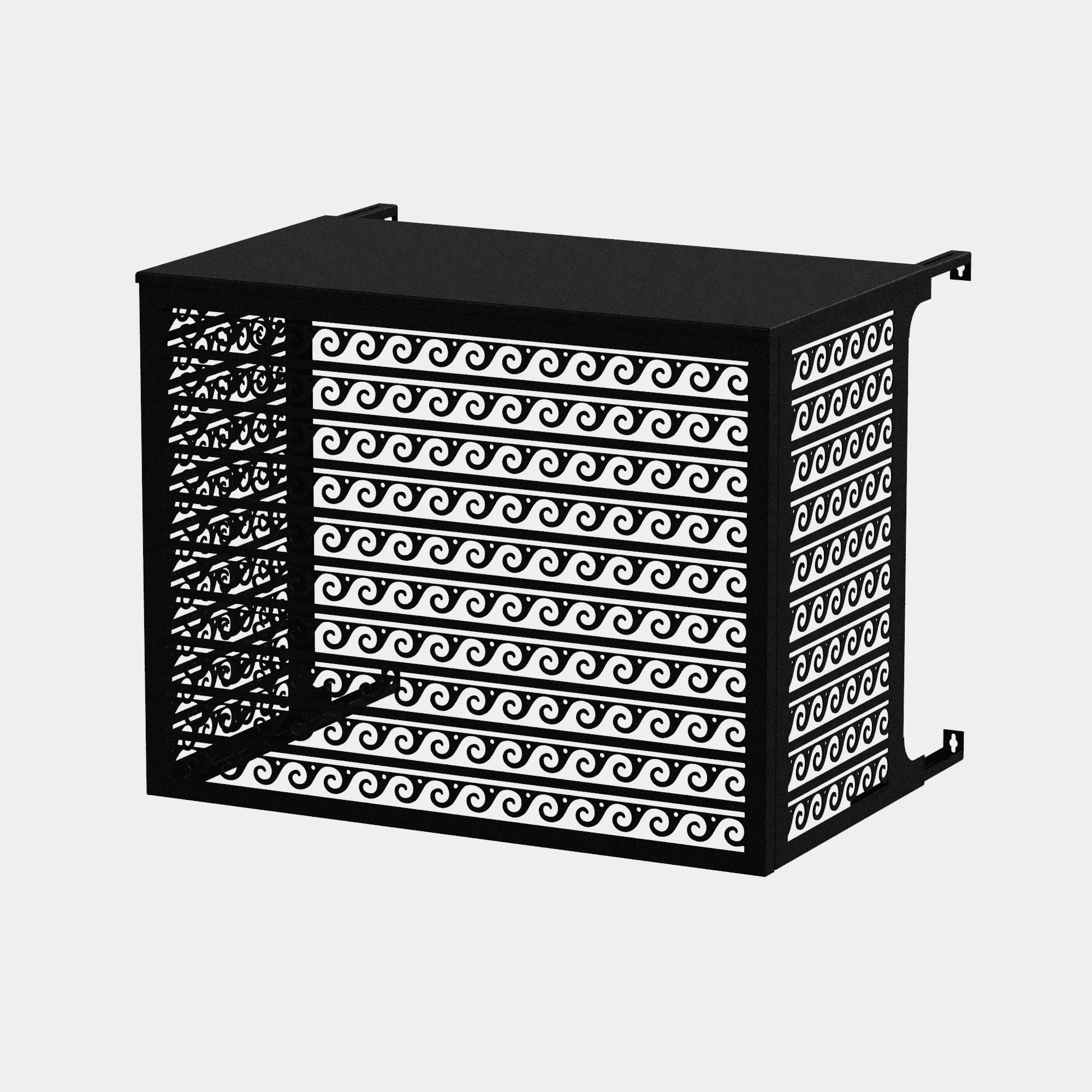 CCLIM-EXT-EOLE-N-MUR-FRONT (1) Cache climatiseur mural au motif Éole, finition noir profond.