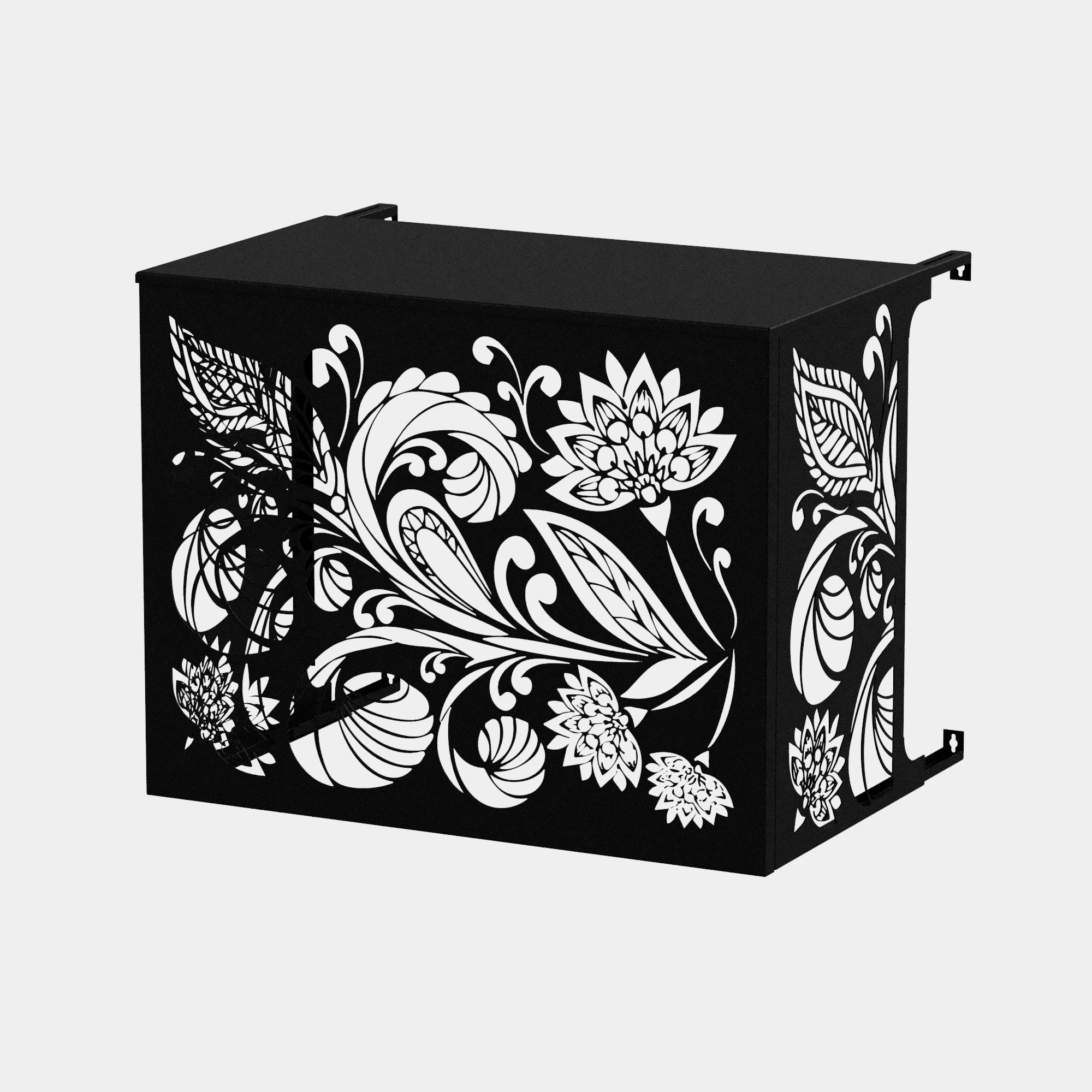 CCLIM-EXT-FLORALIS-N-MUR-FRONT Cache climatiseur extérieur fixation murale au motif Floralis, finition noir profond.