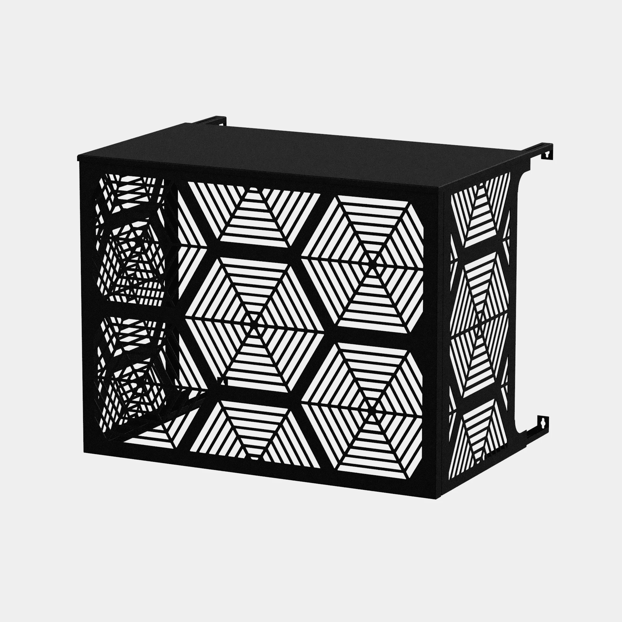 CCLIM-EXT-HEXAGONE-N-MUR-FRONT Cache climatiseur extérieur fixation murale au motif Hexagone, finition noir profond.