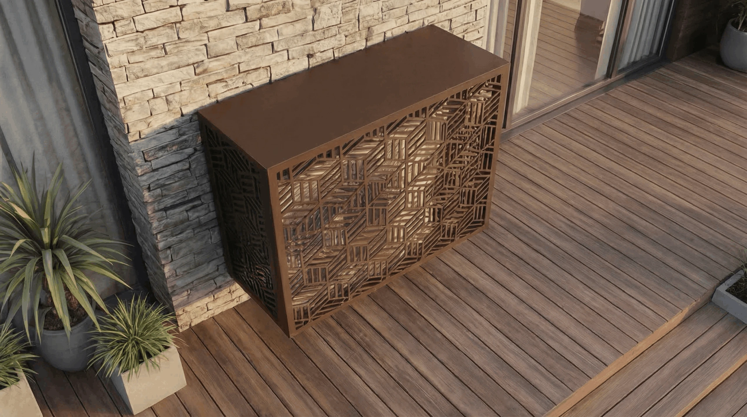 Cache climatiseur extérieur fixation murale, motif Origami-2