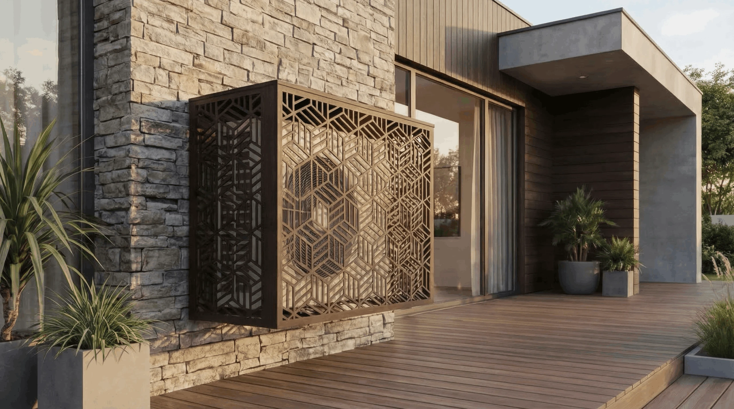 Cache climatiseur extérieur fixation murale, motif Origami-3