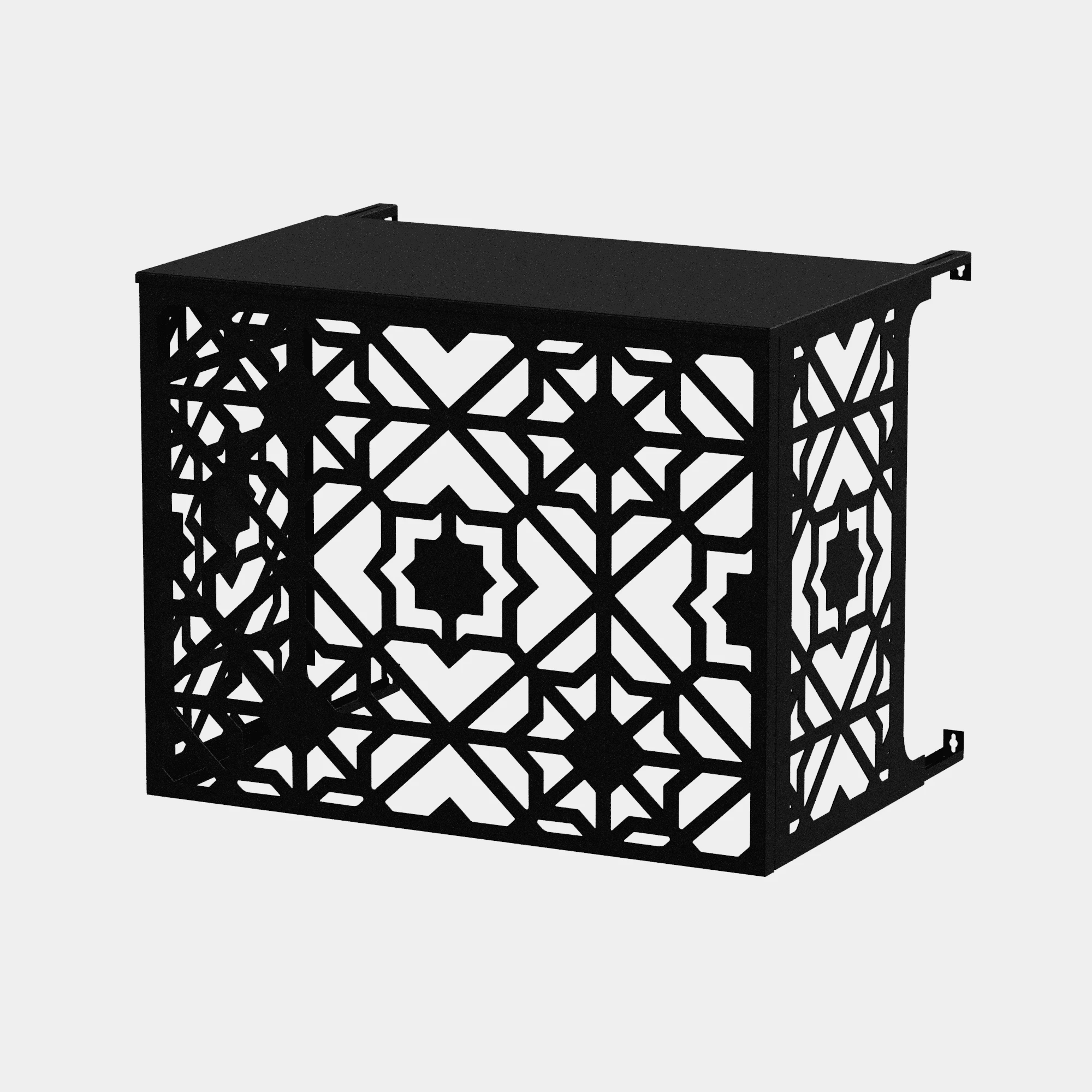 CCLIM-EXT-ZELLIGUE-N-MUR-FRONT Cache climatiseur extérieur fixation murale au motif Tatsumaki, finition noir profond.