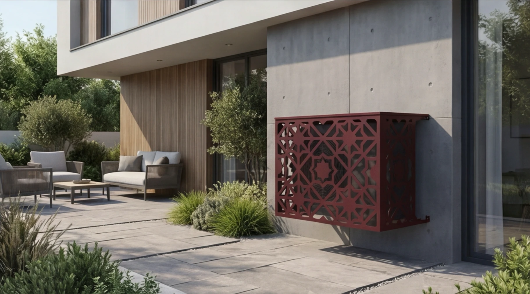 CCLIM-EXT-ZELLIGUE-R-MUR(1) Cache climatiseur extérieur fixation murale, motif Zelligue-1