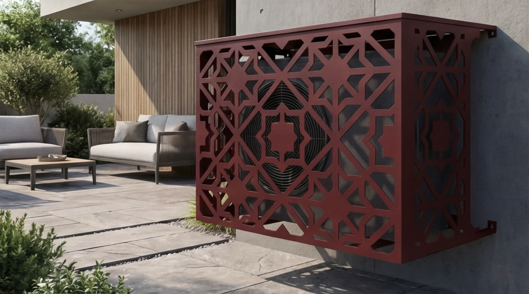 CCLIM-EXT-ZELLIGUE-R-MUR(3) Cache climatiseur extérieur fixation murale, motif Zelligue-3