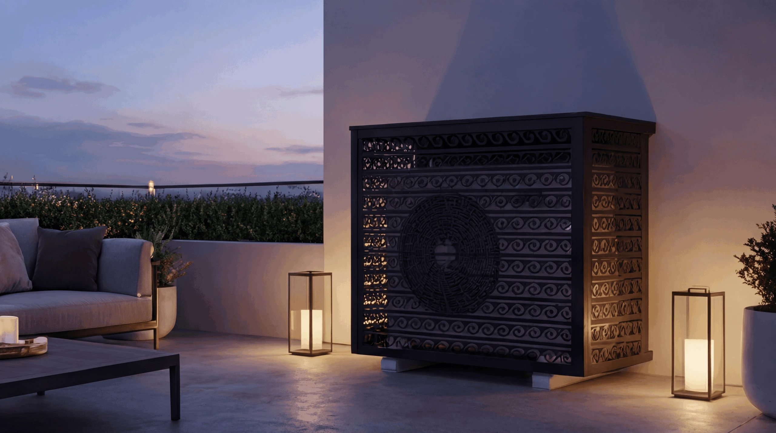 hf_20260312_110237_b133f2e3-a05c-4e91-a04e-a0a239a2c1bb Cache climatisation extérieur design en métal découpé avec motifs décoratifs pour dissimuler une unité extérieure de climatisation.