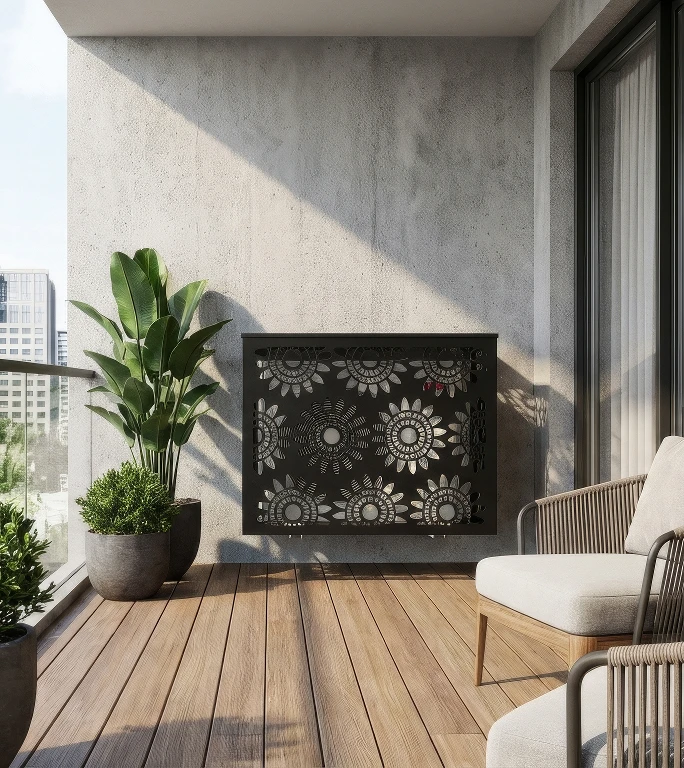 CCLIM-EXT-BLOOM-MUR-N Cache climatiseur extérieur fixation murale, motif Bloom-1