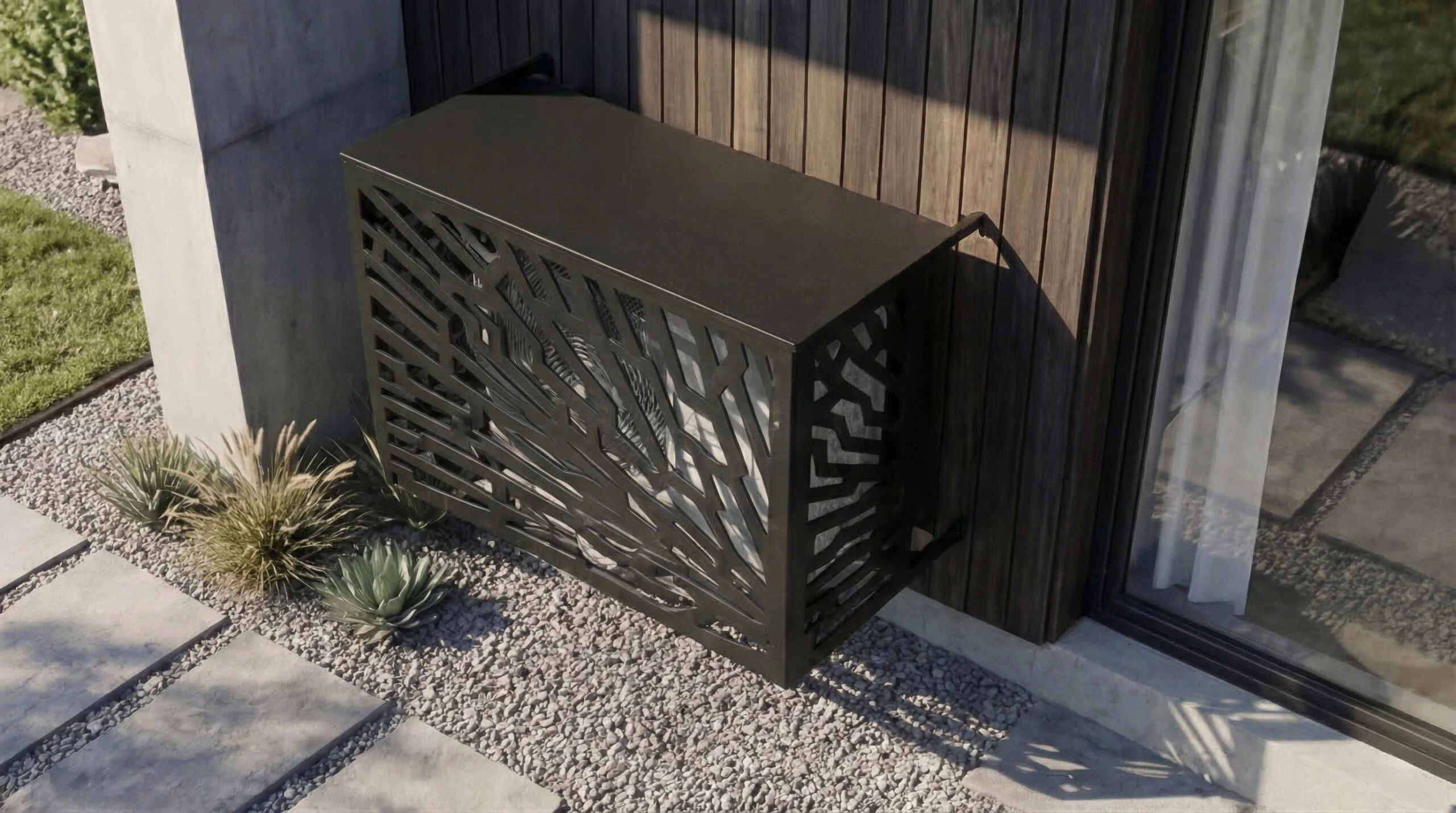 CCLIM-EXT-ÉCORCE-N-MUR Cache climatiseur extérieur fixation murale, motif Écorce-1