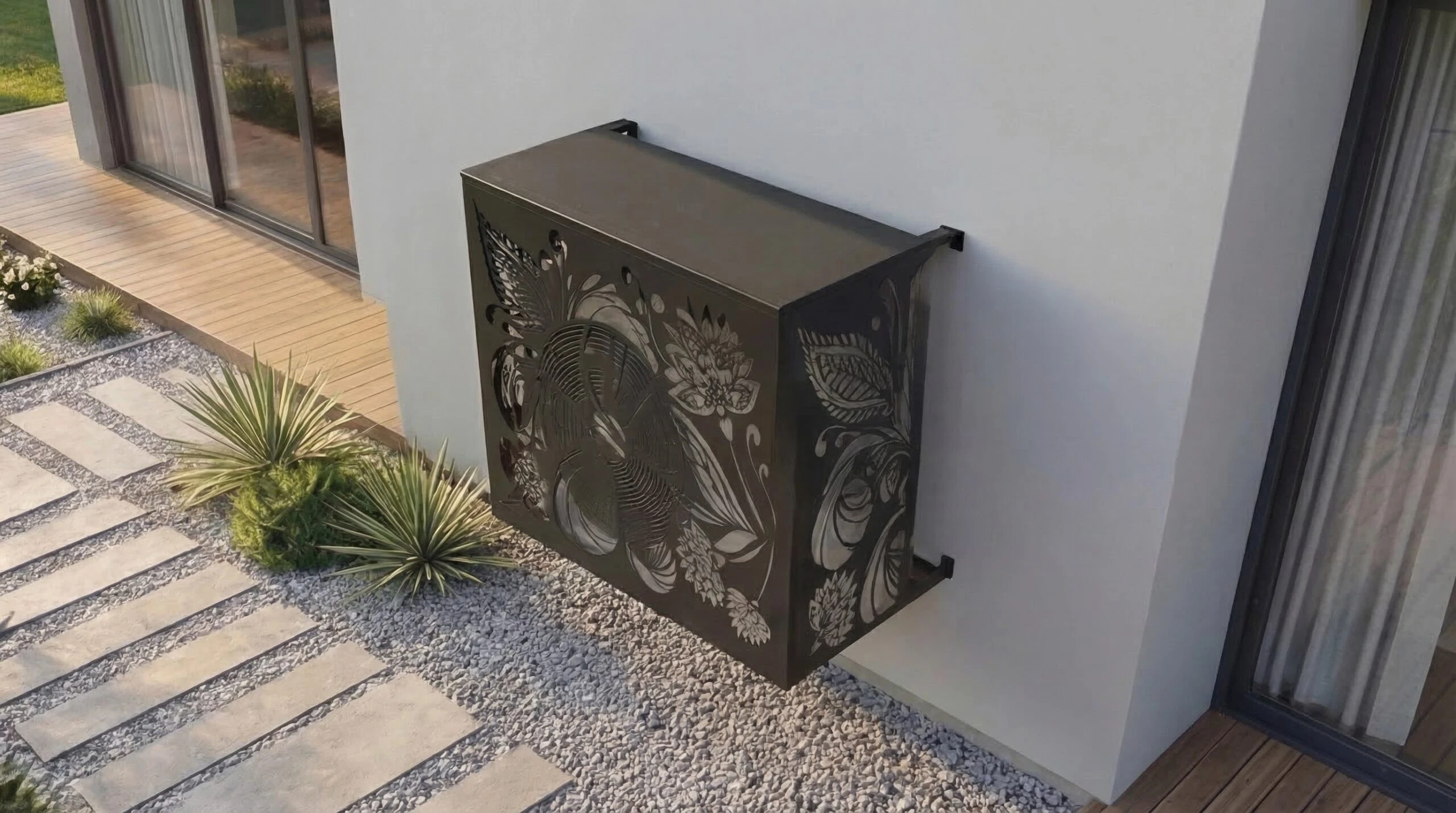 CCLIM-EXT-FLORALIS-N-MUR Cache climatiseur extérieur fixation murale au motif Floralis-2