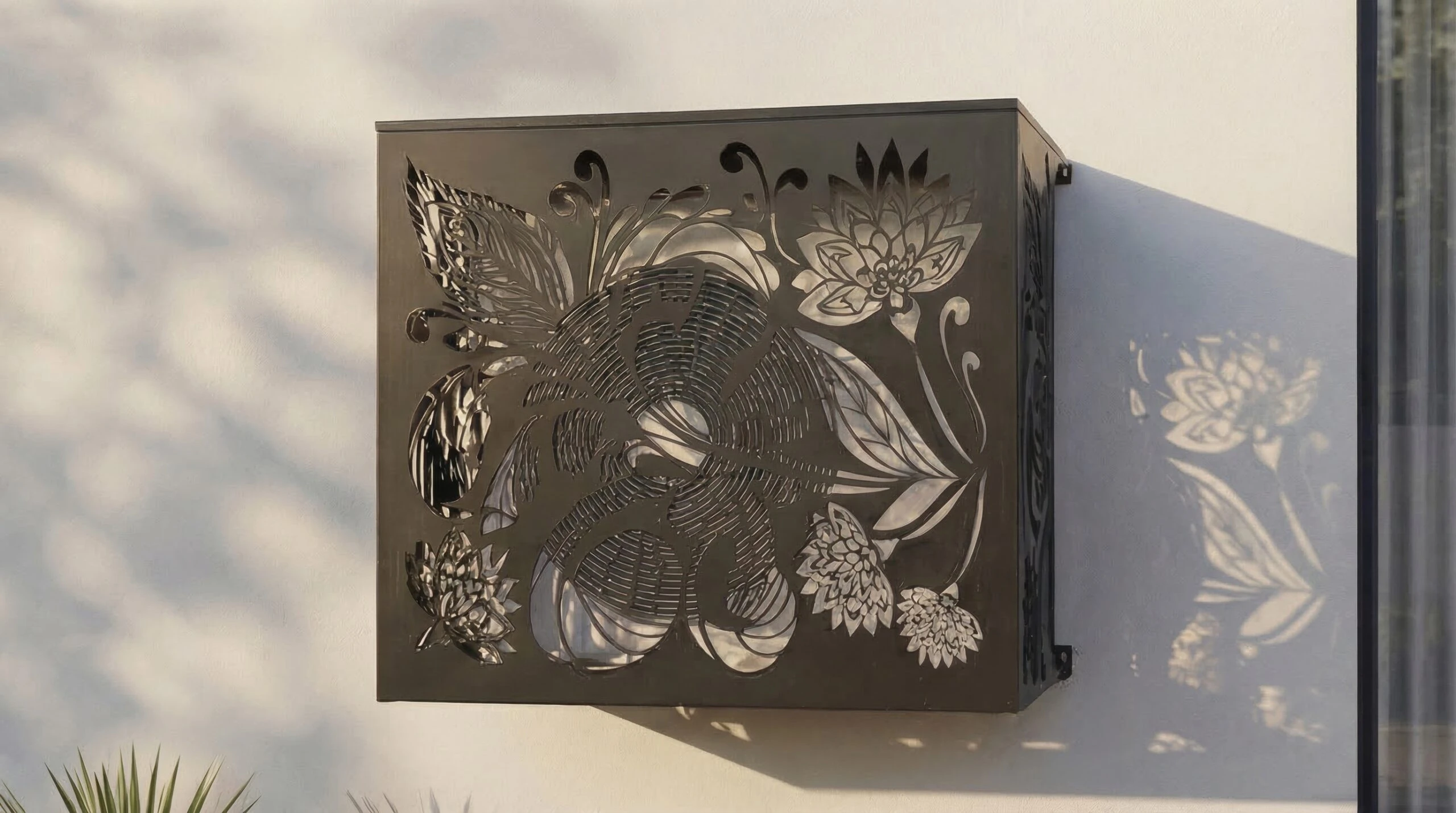 CCLIM-EXT-FLORALIS-N-MUR Cache climatiseur extérieur fixation murale au motif Floralis-1