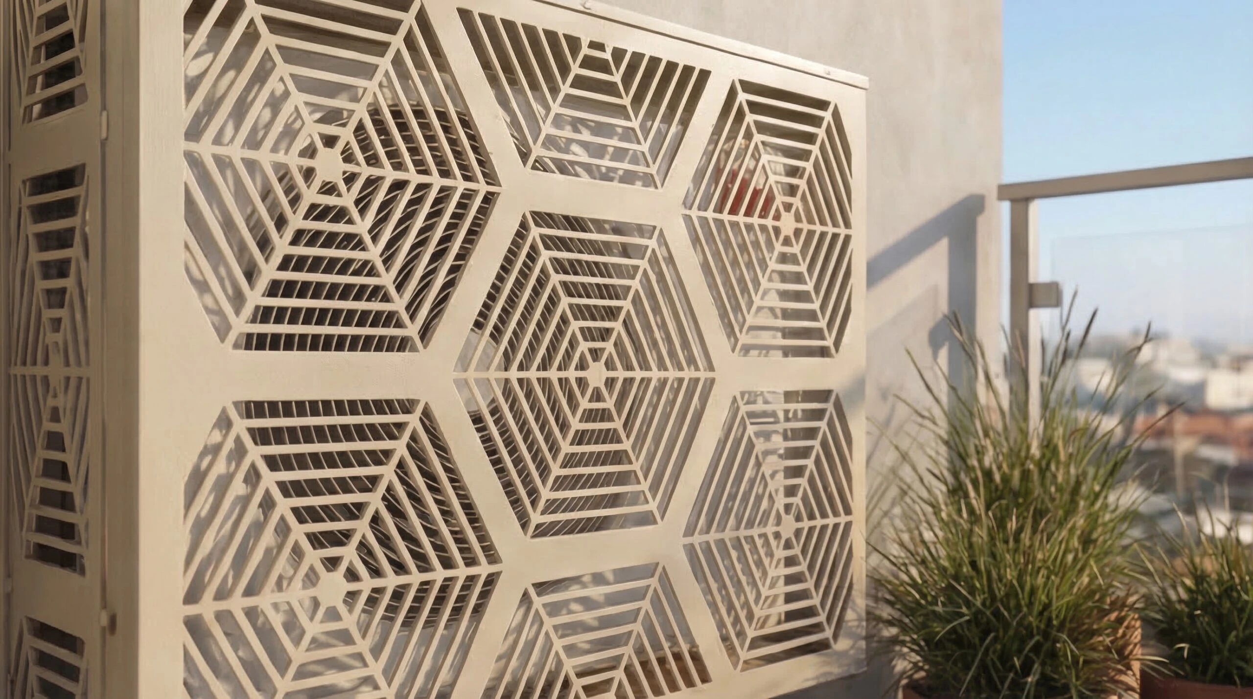 CCLIM-EXT-HEXAGONE-BP-MUR(2) Cache climatiseur extérieur fixation murale, motif Hexagone-2