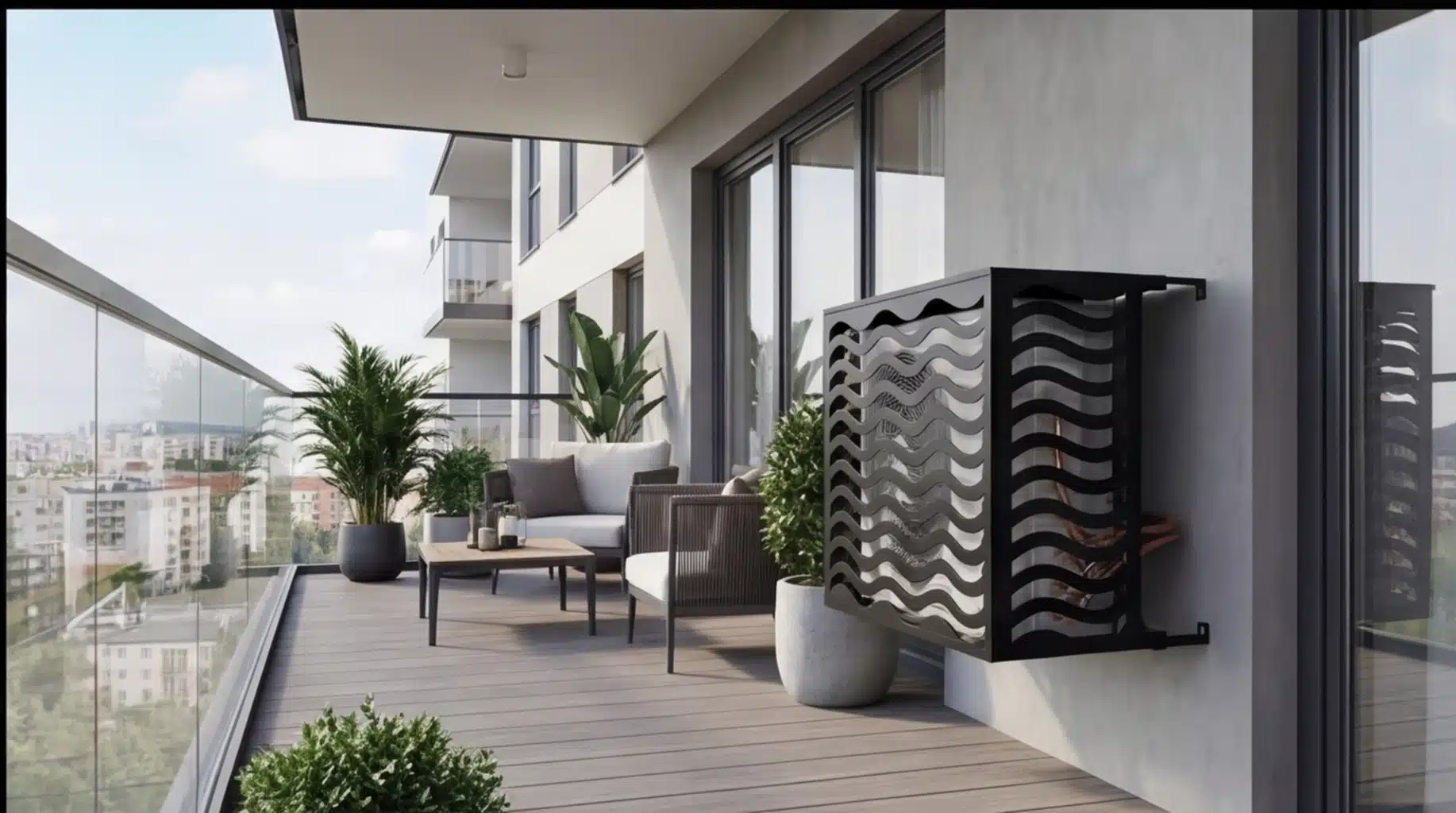 CCLIM-EXT-ONDE-N-MUR(3) Cache climatiseur extérieur fixation murale, motif Onde-3