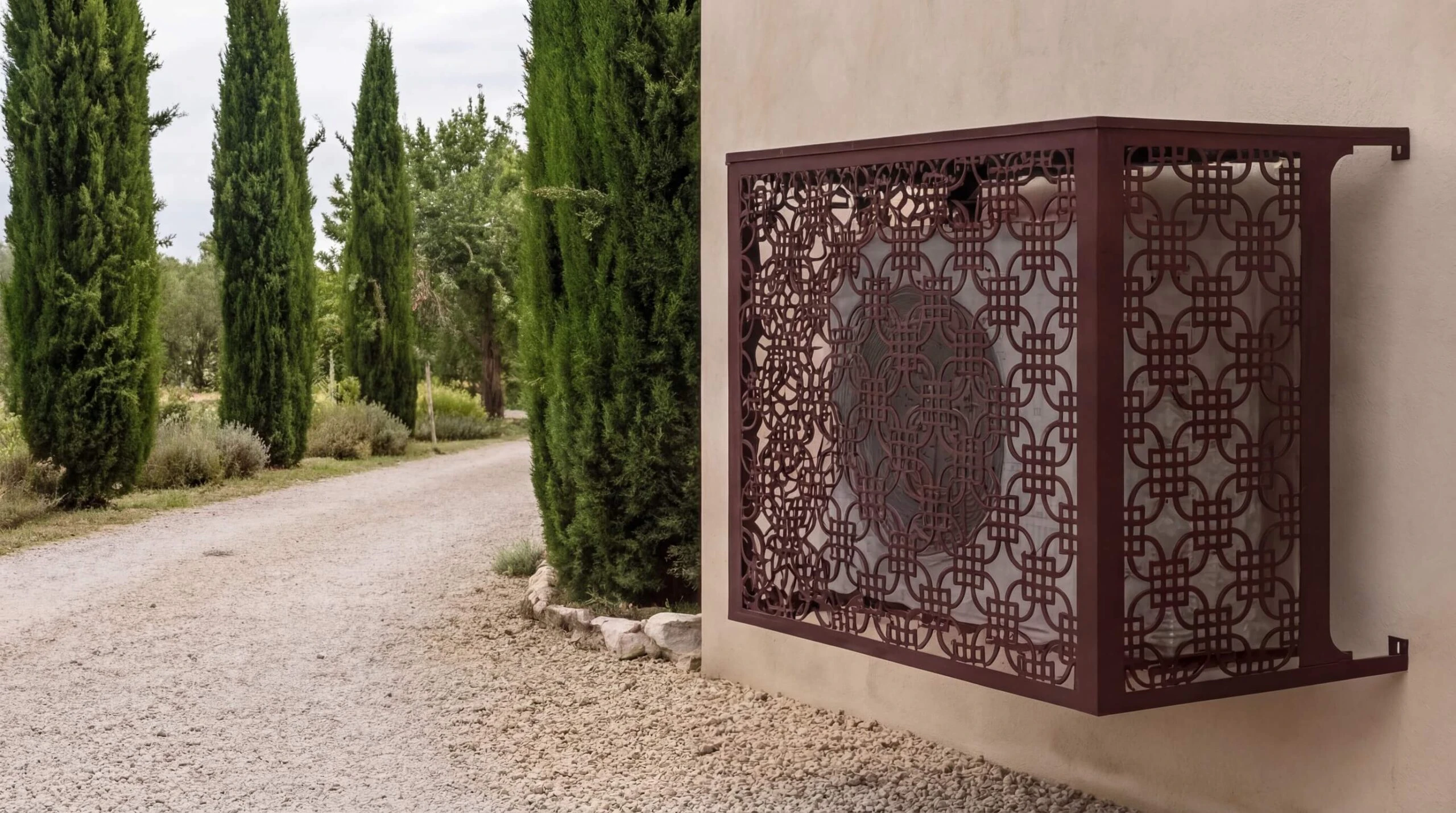 CCLIM-EXT-HIRO-R-MUR(2) Cache climatisation extérieur fixation murale, motif Hiro-2