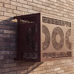 meandre-mur-3D1 Cache climatisation extérieur design en métal découpé avec motifs décoratifs pour dissimuler une unité extérieure de climatisation.
