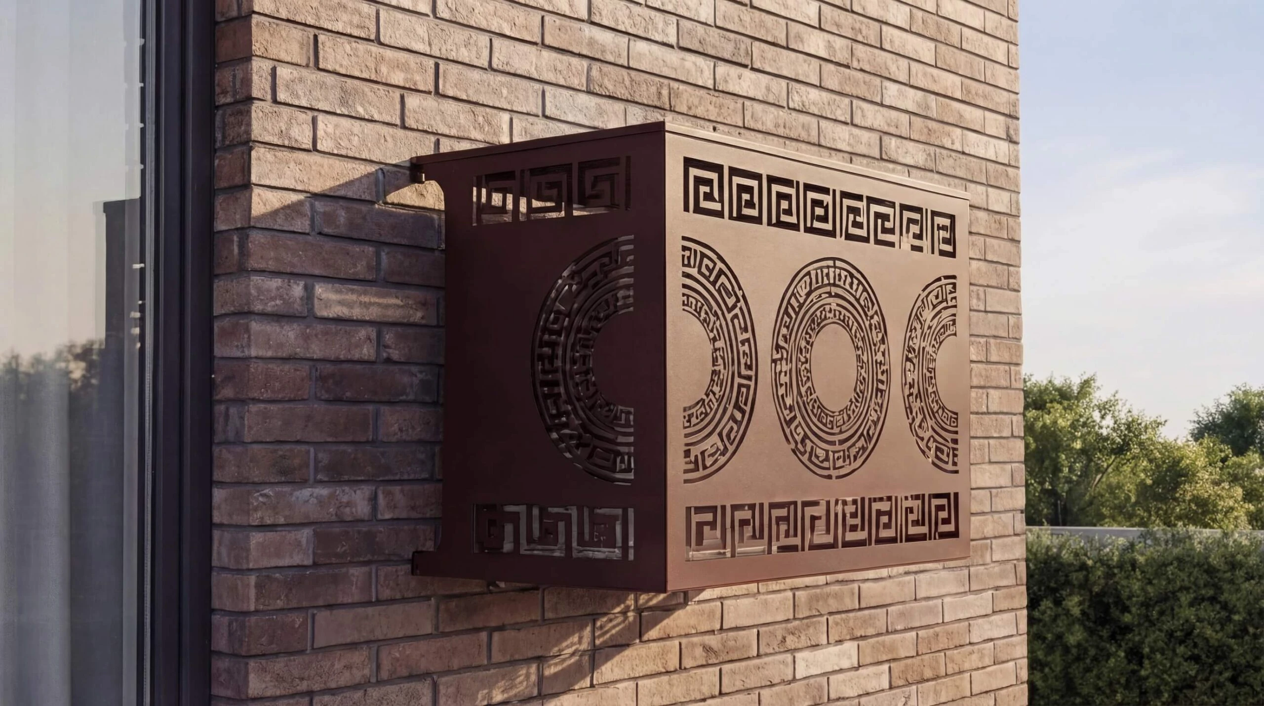 meandre-mur-3D1 Cache climatisation extérieur design en métal découpé avec motifs décoratifs pour dissimuler une unité extérieure de climatisation.