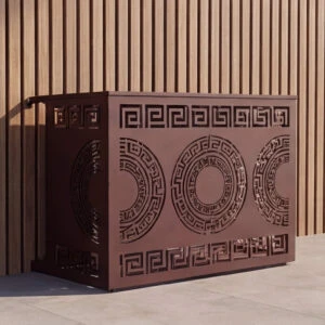 meandre-mur-3D1.5 Cache climatisation extérieur design en métal découpé avec motifs décoratifs pour dissimuler une unité extérieure de climatisation.