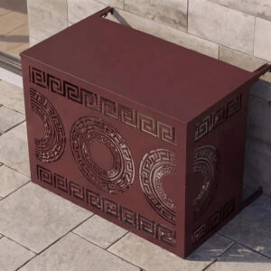 meandre-mur-3D12 Cache climatisation extérieur design en métal découpé avec motifs décoratifs pour dissimuler une unité extérieure de climatisation.