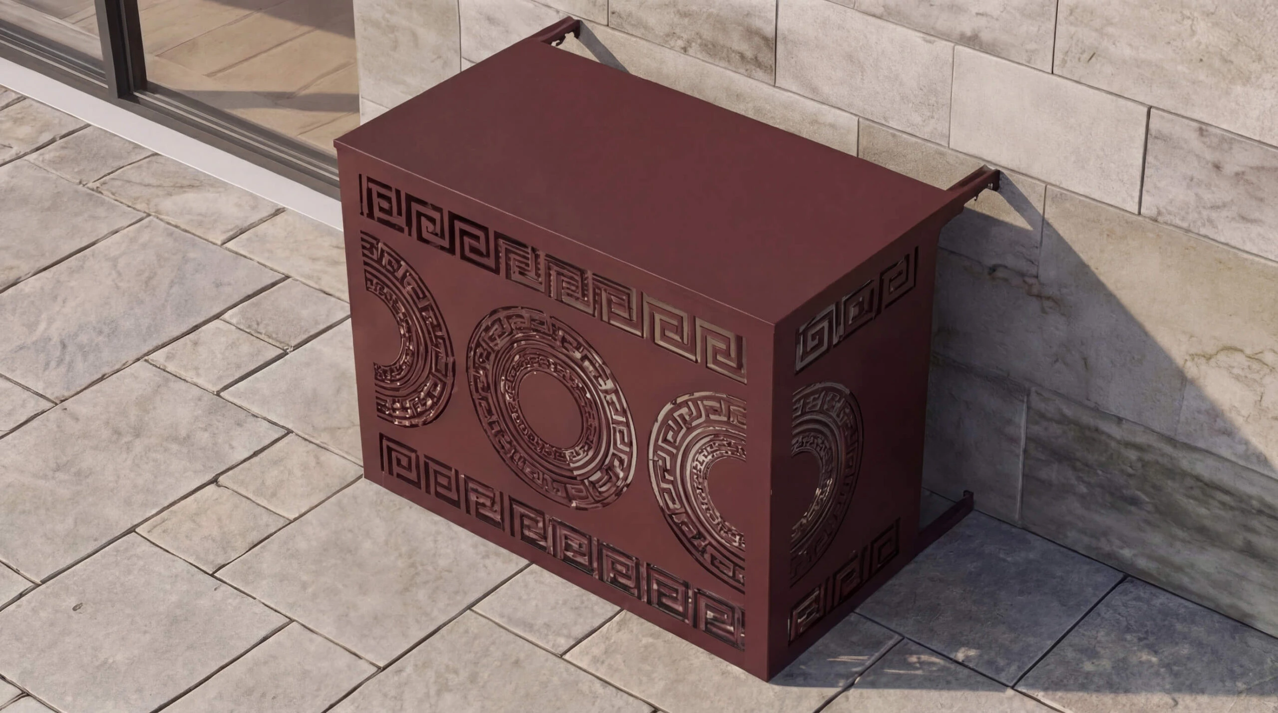 meandre-mur-3D12 Cache climatisation extérieur design en métal découpé avec motifs décoratifs pour dissimuler une unité extérieure de climatisation.