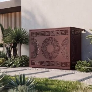 meandre-mur-3D13 Cache climatisation extérieur design en métal découpé avec motifs décoratifs pour dissimuler une unité extérieure de climatisation.