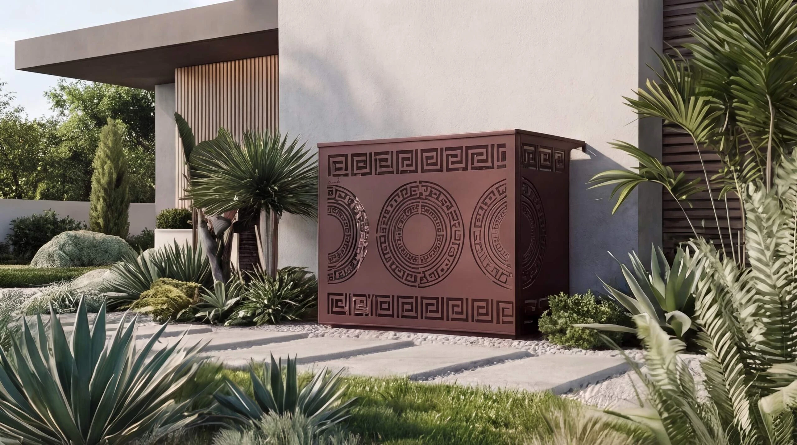 meandre-mur-3D13 Cache climatisation extérieur design en métal découpé avec motifs décoratifs pour dissimuler une unité extérieure de climatisation.