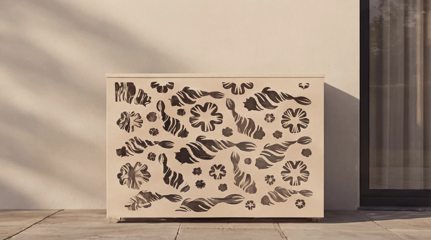 Cache climatisation extérieur design en métal découpé avec motifs décoratifs pour dissimuler une unité extérieure de climatisation.
