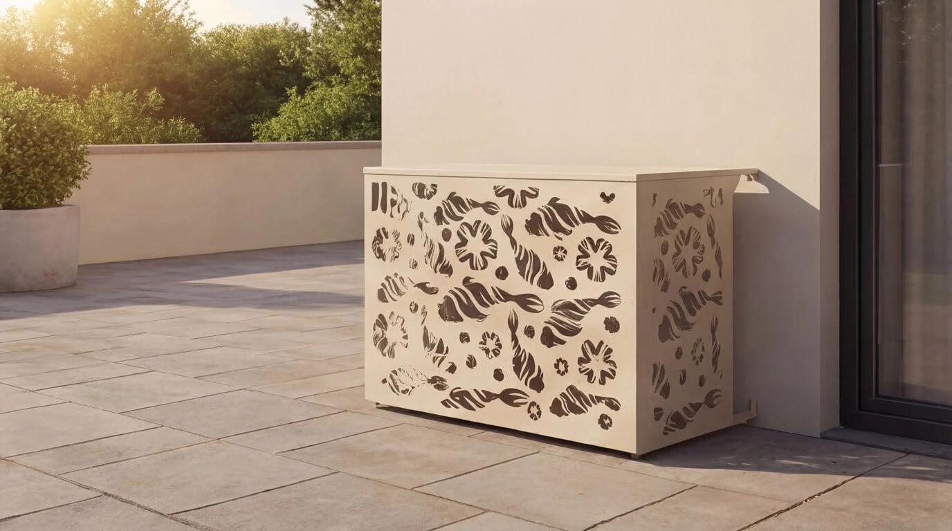 Cache climatisation extérieur design en métal découpé avec motifs décoratifs pour dissimuler une unité extérieure de climatisation.